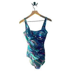 Ruched One Piece Swimsuit‎ Tummy Control Blue Purple Multicolor Size 12